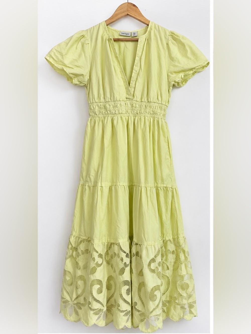 Women’s Boho Yellow Tiered Cotton Dress with Eyelet Hem